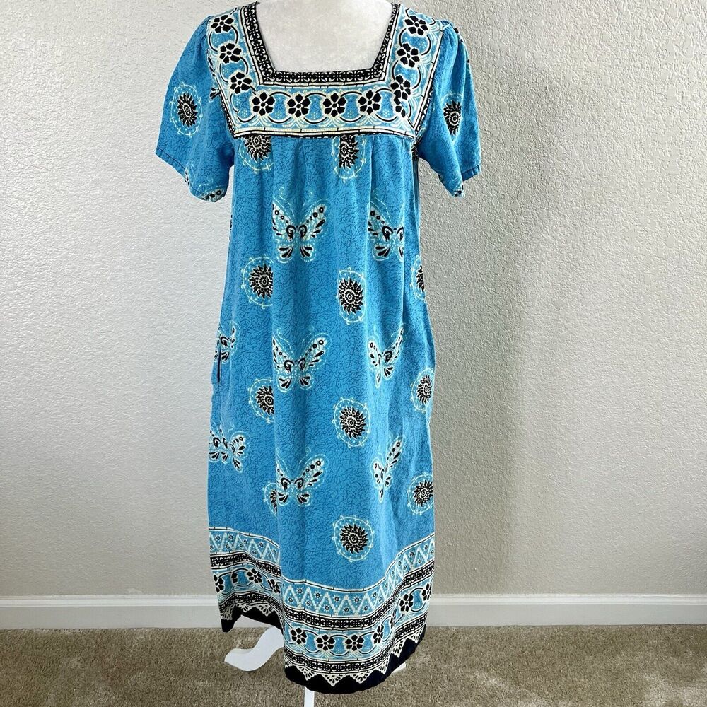 Vintage Loungees Small Blue Butterfly Mumu House Sleep Dress Kaftan Pockets